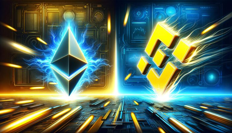 DALL·E 2024-04-27 21.31.09 - A dynamic scene depicting a symbolic battle between Ethereum and Binance